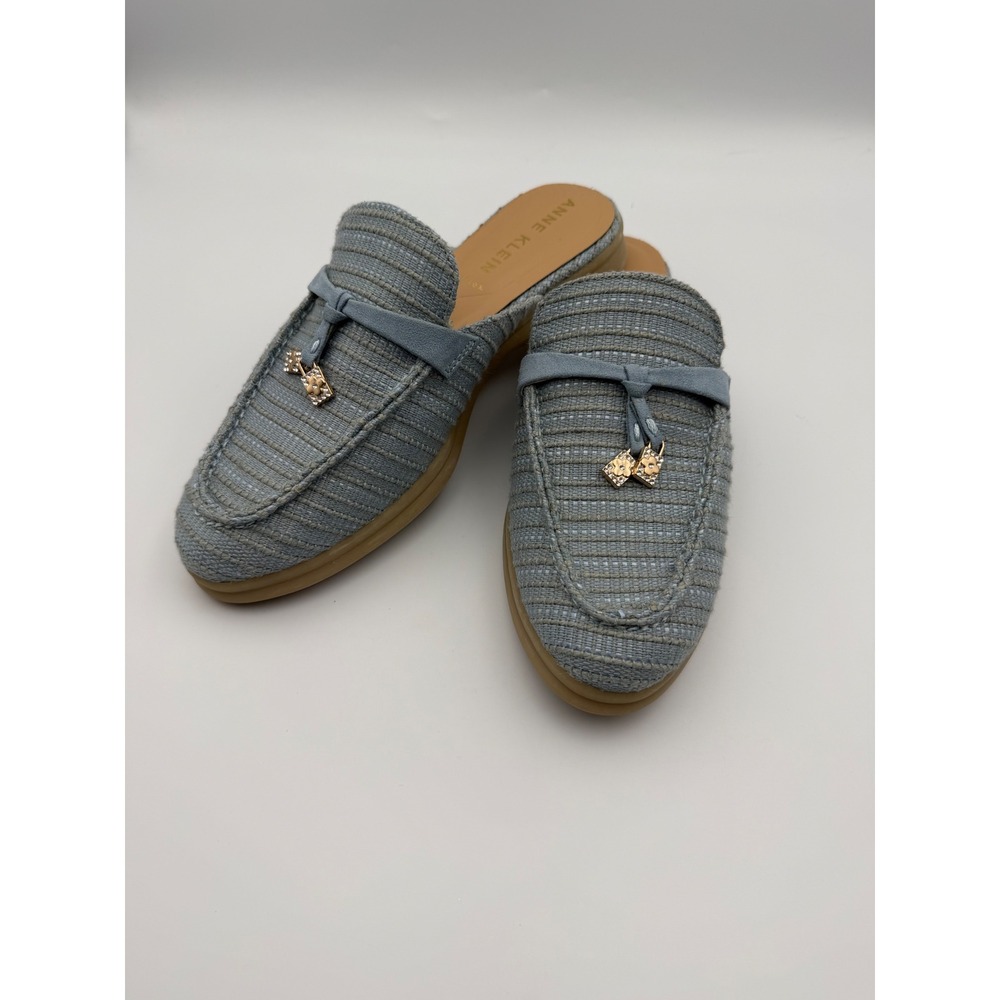 Anne Klein iFlex Blue‎ Woven Mules Rhinestone Charm Slip On Loafer Shoes Womens